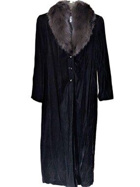 Vintage Ilana Wolf Black Velvet Opera Coat Real Fur Collar L